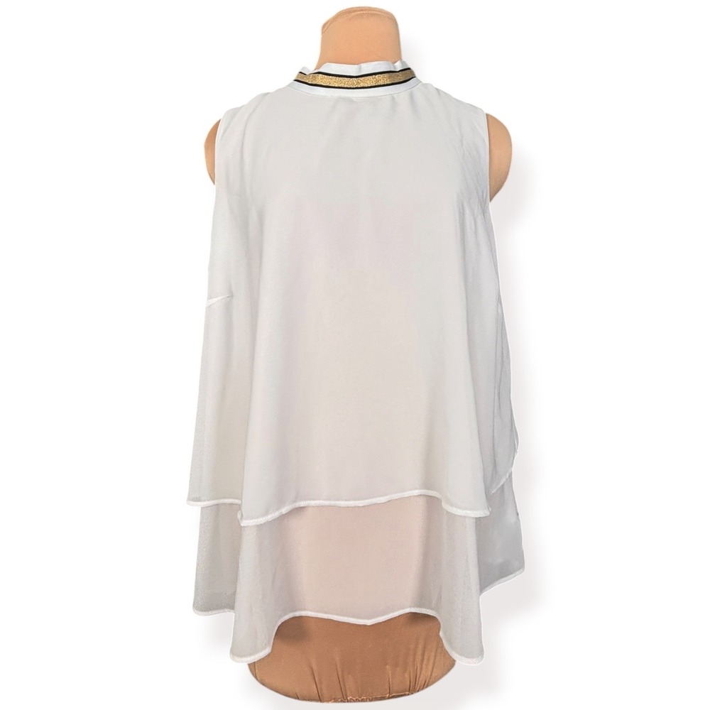 Pleione White Chiffon Layered Sleeveless Top Gold Metallic Trim Blouse Plus Size